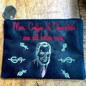 Men, coffee, and chocolate, embroidered and beaded pouch